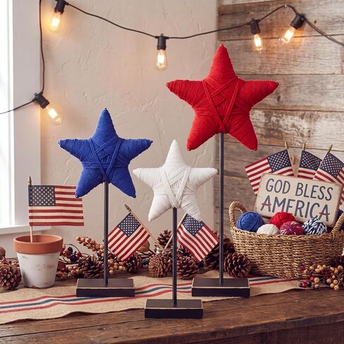 Yousoontic 3 Pcs 4th of July Rustic Patriotic Yarn Wrapped Star 250th Anniversary Tiered Tray Decor Star USA Red White Blue Farmhouse Table Centerpiece Handmade Americana Home Decoration in Kuwait