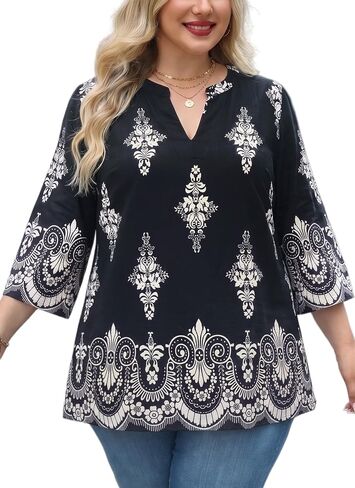 Plus Size Tops 3/4 Sleeve Boho Blouses Dressy Casual V Neck Tunic Loose Fit Floral Peasant Shirts in Saudi Arabia