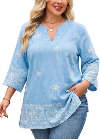 Plus Size Tops 3/4 Sleeve Boho Blouses Dressy Casual V Neck Tunic Loose Fit Floral Peasant Shirts in Saudi Arabia