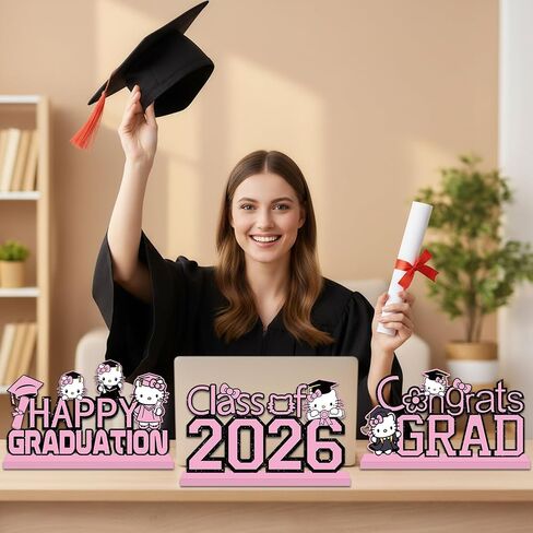 4Pcs Pink Graduation Decorations 2026 Wooden Table Centerpieces Congrats Grad Table Toppers Decor Class of 2026 Tiered Tray Decor for Graduation Party Decorations in Saudi Arabia