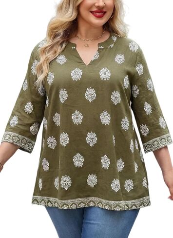 Plus Size Tops 3/4 Sleeve Boho Blouses Dressy Casual V Neck Tunic Loose Fit Floral Peasant Shirts in Saudi Arabia