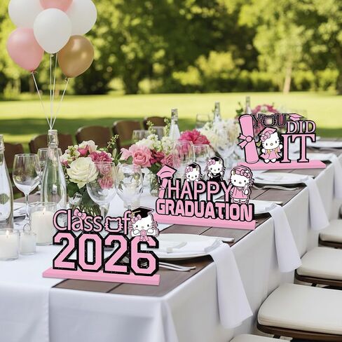 4Pcs Pink Graduation Decorations 2026 Wooden Table Centerpieces Congrats Grad Table Toppers Decor Class of 2026 Tiered Tray Decor for Graduation Party Decorations in Saudi Arabia