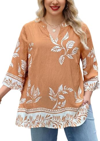 Plus Size Tops 3/4 Sleeve Boho Blouses Dressy Casual V Neck Tunic Loose Fit Floral Peasant Shirts in Saudi Arabia
