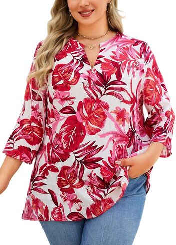 Plus Size Tops 3/4 Sleeve Boho Blouses Dressy Casual V Neck Tunic Loose Fit Floral Peasant Shirts in Saudi Arabia
