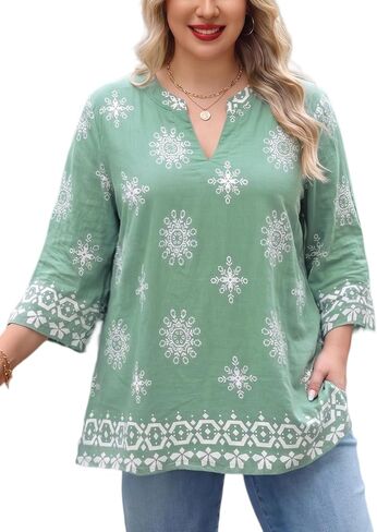 Plus Size Tops 3/4 Sleeve Boho Blouses Dressy Casual V Neck Tunic Loose Fit Floral Peasant Shirts in Saudi Arabia