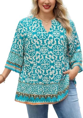 Plus Size Tops 3/4 Sleeve Boho Blouses Dressy Casual V Neck Tunic Loose Fit Floral Peasant Shirts in Saudi Arabia