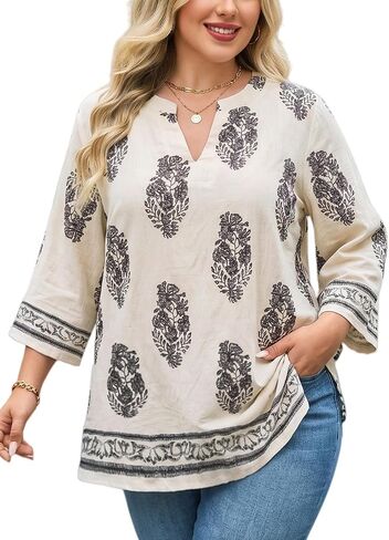 Plus Size Tops 3/4 Sleeve Boho Blouses Dressy Casual V Neck Tunic Loose Fit Floral Peasant Shirts in Saudi Arabia