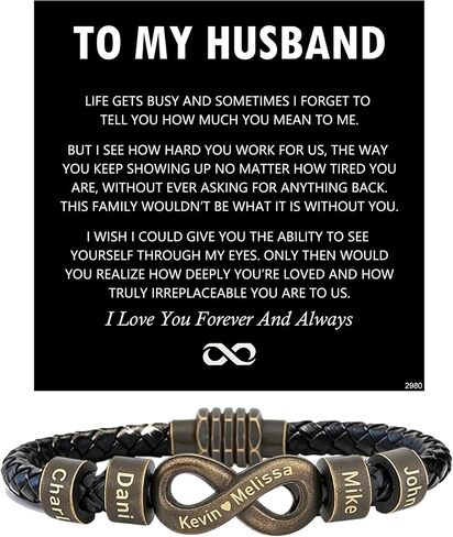ziella Personalized Infinity Bracelet for Husband, Custom Braided Leather Bracelet with Engraved Name Beads, Anniversary Birthday Gift in Saudi Arabia