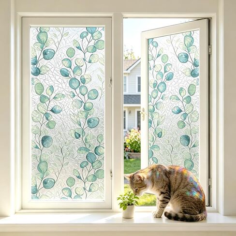 LaCheery 17.5"x157.5" Stained Glass Window Film Blue Green Leaf Window Privacy Film Decorative Rainbow Static Cling Privacy Films Non-Adhesive Heat Control UV Blocking Films for Kitchen Glass Windows in Saudi Arabia