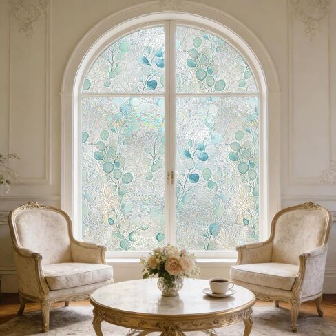 LaCheery 17.5"x157.5" Stained Glass Window Film Blue Green Leaf Window Privacy Film Decorative Rainbow Static Cling Privacy Films Non-Adhesive Heat Control UV Blocking Films for Kitchen Glass Windows in Saudi Arabia