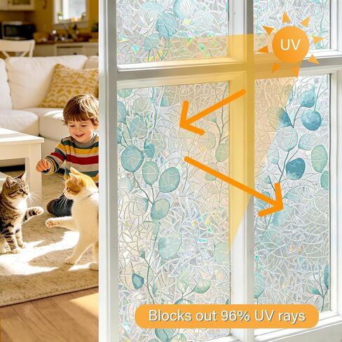 LaCheery 17.5"x157.5" Stained Glass Window Film Blue Green Leaf Window Privacy Film Decorative Rainbow Static Cling Privacy Films Non-Adhesive Heat Control UV Blocking Films for Kitchen Glass Windows in Saudi Arabia