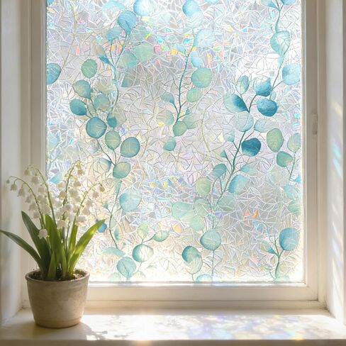 LaCheery 17.5"x157.5" Stained Glass Window Film Blue Green Leaf Window Privacy Film Decorative Rainbow Static Cling Privacy Films Non-Adhesive Heat Control UV Blocking Films for Kitchen Glass Windows in Saudi Arabia