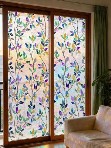 Rainbow Prism Stained Glass Window Film, Colorful Leaf, 78.5" L x 17.5" W, Decorative Static Cling Privacy Film, UV Blocking & Heat Control, Anti-Glare Art for Home, Office in Kuwait