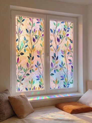 Rainbow Prism Stained Glass Window Film, Colorful Leaf, 78.5" L x 17.5" W, Decorative Static Cling Privacy Film, UV Blocking & Heat Control, Anti-Glare Art for Home, Office in Kuwait