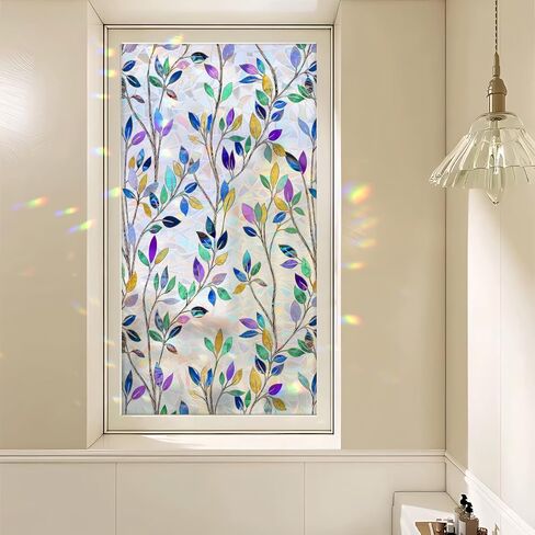 Rainbow Prism Stained Glass Window Film, Colorful Leaf, 78.5" L x 17.5" W, Decorative Static Cling Privacy Film, UV Blocking & Heat Control, Anti-Glare Art for Home, Office in Kuwait