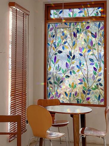 Rainbow Prism Stained Glass Window Film, Colorful Leaf, 78.5" L x 17.5" W, Decorative Static Cling Privacy Film, UV Blocking & Heat Control, Anti-Glare Art for Home, Office in Kuwait