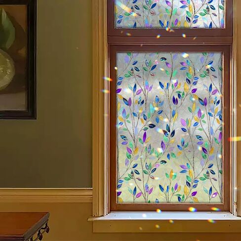 Rainbow Prism Stained Glass Window Film, Colorful Leaf, 78.5" L x 17.5" W, Decorative Static Cling Privacy Film, UV Blocking & Heat Control, Anti-Glare Art for Home, Office in Kuwait