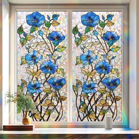 Static Cling Frosted Window Film, Reflects Colorful Light in Sunlight, White Magnolia Floral Stained Glass Design, No Glue, 17.5 x 39.4 Inch for Bathroom, Kitchen, Living Room in Saudi Arabia