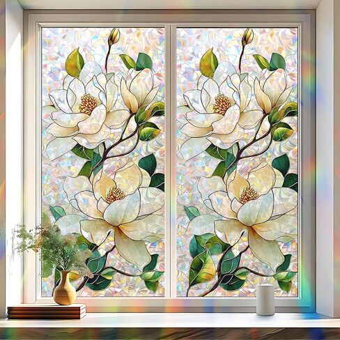 Static Cling Frosted Window Film, Reflects Colorful Light in Sunlight, White Magnolia Floral Stained Glass Design, No Glue, 17.5 x 39.4 Inch for Bathroom, Kitchen, Living Room in Saudi Arabia