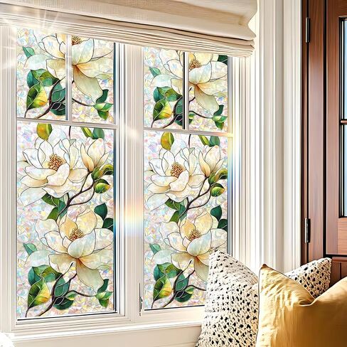 Static Cling Frosted Window Film, Reflects Colorful Light in Sunlight, White Magnolia Floral Stained Glass Design, No Glue, 17.5 x 39.4 Inch for Bathroom, Kitchen, Living Room in Saudi Arabia
