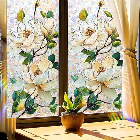 Static Cling Frosted Window Film, Reflects Colorful Light in Sunlight, White Magnolia Floral Stained Glass Design, No Glue, 17.5 x 39.4 Inch for Bathroom, Kitchen, Living Room in Saudi Arabia