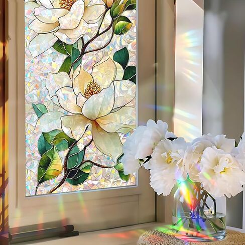 Static Cling Frosted Window Film, Reflects Colorful Light in Sunlight, White Magnolia Floral Stained Glass Design, No Glue, 17.5 x 39.4 Inch for Bathroom, Kitchen, Living Room in Saudi Arabia