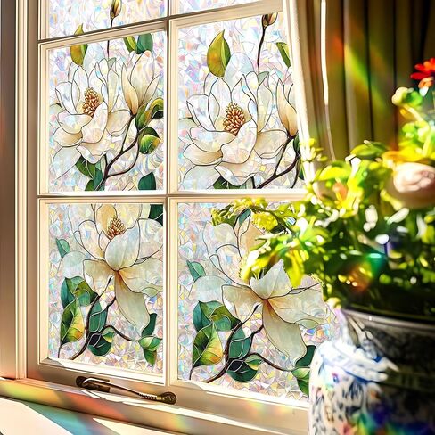 Static Cling Frosted Window Film, Reflects Colorful Light in Sunlight, White Magnolia Floral Stained Glass Design, No Glue, 17.5 x 39.4 Inch for Bathroom, Kitchen, Living Room in Saudi Arabia