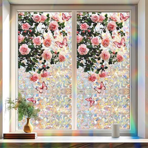 Static Cling Frosted Window Film, Reflects Colorful Light in Sunlight, White Magnolia Floral Stained Glass Design, No Glue, 17.5 x 39.4 Inch for Bathroom, Kitchen, Living Room in Saudi Arabia