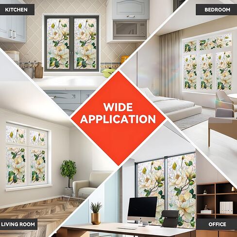 Static Cling Frosted Window Film, Reflects Colorful Light in Sunlight, White Magnolia Floral Stained Glass Design, No Glue, 17.5 x 39.4 Inch for Bathroom, Kitchen, Living Room in Saudi Arabia