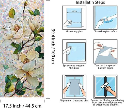 Static Cling Frosted Window Film, Reflects Colorful Light in Sunlight, White Magnolia Floral Stained Glass Design, No Glue, 17.5 x 39.4 Inch for Bathroom, Kitchen, Living Room in Saudi Arabia