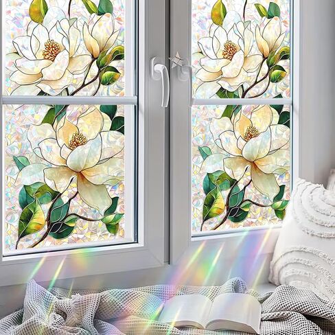 Static Cling Frosted Window Film, Reflects Colorful Light in Sunlight, White Magnolia Floral Stained Glass Design, No Glue, 17.5 x 39.4 Inch for Bathroom, Kitchen, Living Room in Saudi Arabia