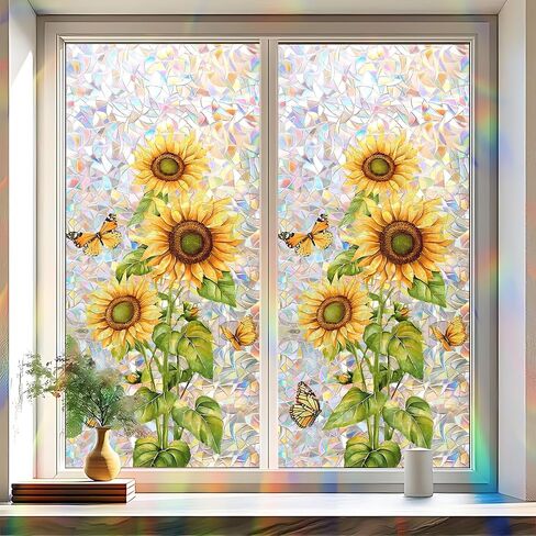 Static Cling Frosted Window Film, Reflects Colorful Light in Sunlight, White Magnolia Floral Stained Glass Design, No Glue, 17.5 x 39.4 Inch for Bathroom, Kitchen, Living Room in Saudi Arabia