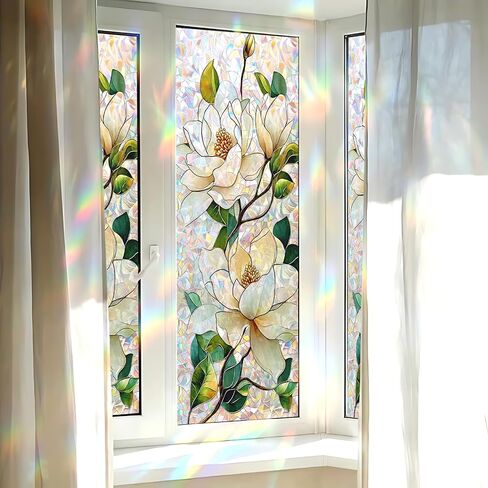 Static Cling Frosted Window Film, Reflects Colorful Light in Sunlight, White Magnolia Floral Stained Glass Design, No Glue, 17.5 x 39.4 Inch for Bathroom, Kitchen, Living Room in Saudi Arabia