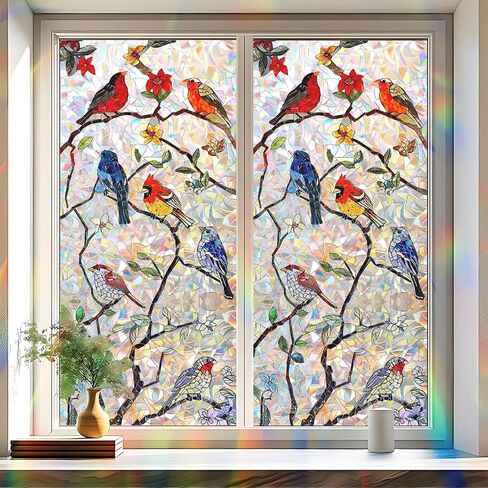 Static Cling Frosted Window Film, Reflects Colorful Light in Sunlight, White Magnolia Floral Stained Glass Design, No Glue, 17.5 x 39.4 Inch for Bathroom, Kitchen, Living Room in Saudi Arabia