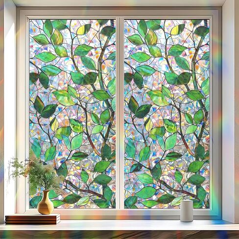 Static Cling Frosted Window Film, Reflects Colorful Light in Sunlight, White Magnolia Floral Stained Glass Design, No Glue, 17.5 x 39.4 Inch for Bathroom, Kitchen, Living Room in Saudi Arabia