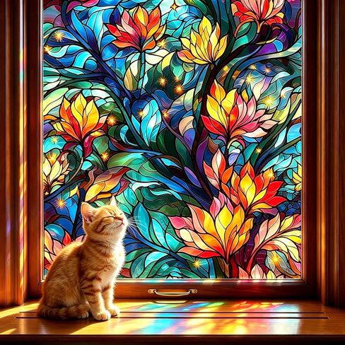 LaCheery 17.5"x157.5" Privacy Window Film Stained Glass Decorative Window Film for Glass Blue Floral Cling Privacy Films Renter Friendly Removable Windows Stickers for Bathroom No Glue Vinyl Anti UV in Saudi Arabia