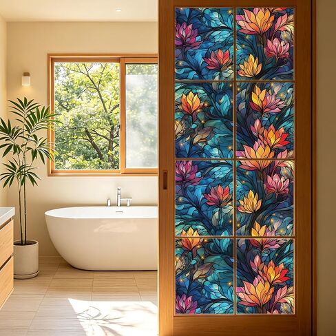 LaCheery 17.5"x157.5" Privacy Window Film Stained Glass Decorative Window Film for Glass Blue Floral Cling Privacy Films Renter Friendly Removable Windows Stickers for Bathroom No Glue Vinyl Anti UV in Saudi Arabia