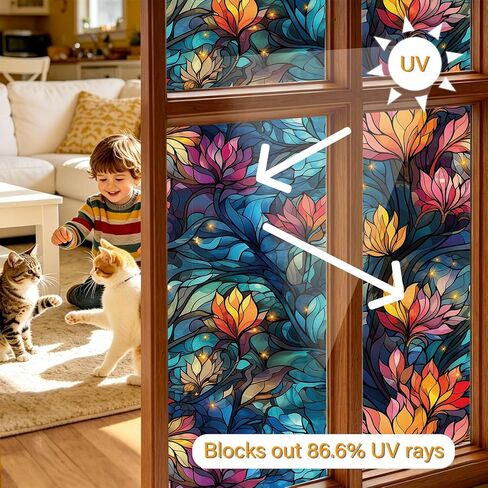 LaCheery 17.5"x157.5" Privacy Window Film Stained Glass Decorative Window Film for Glass Blue Floral Cling Privacy Films Renter Friendly Removable Windows Stickers for Bathroom No Glue Vinyl Anti UV in Saudi Arabia