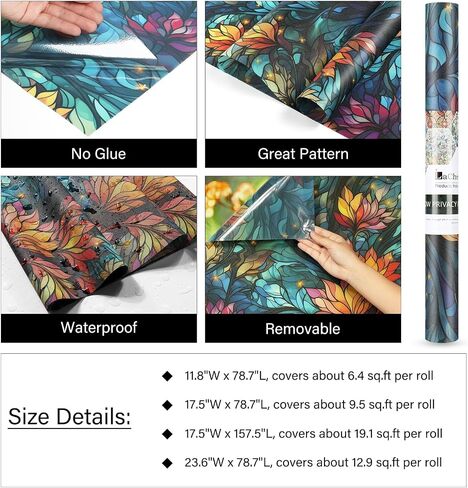 LaCheery 17.5"x157.5" Privacy Window Film Stained Glass Decorative Window Film for Glass Blue Floral Cling Privacy Films Renter Friendly Removable Windows Stickers for Bathroom No Glue Vinyl Anti UV in Saudi Arabia