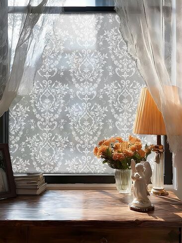 Frosted Damask Window Privacy Film, 78.5" L x 17.5" W, Decorative Non-Adhesive Static Cling, Heat Control & UV Blocking, Anti-Glare Sticker for Home Office Bathroom in Kuwait