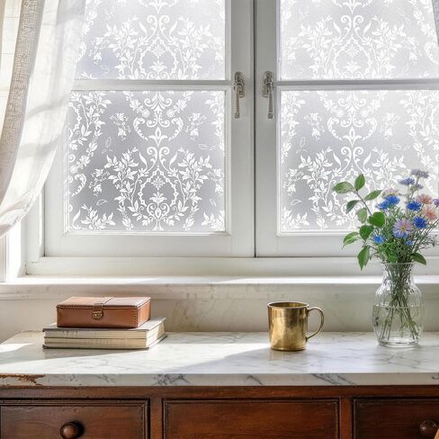 Frosted Damask Window Privacy Film, 78.5" L x 17.5" W, Decorative Non-Adhesive Static Cling, Heat Control & UV Blocking, Anti-Glare Sticker for Home Office Bathroom in Kuwait