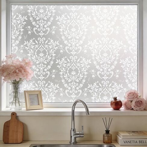 Frosted Damask Window Privacy Film, 78.5" L x 17.5" W, Decorative Non-Adhesive Static Cling, Heat Control & UV Blocking, Anti-Glare Sticker for Home Office Bathroom in Kuwait