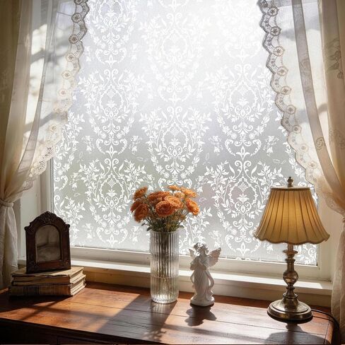 Frosted Damask Window Privacy Film, 78.5" L x 17.5" W, Decorative Non-Adhesive Static Cling, Heat Control & UV Blocking, Anti-Glare Sticker for Home Office Bathroom in Kuwait