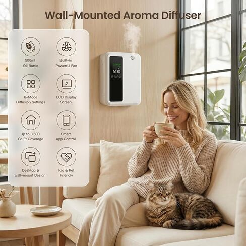 Waterless Essential Oil Diffuser for Large Room, 500ml Hotel Scent Diffuser, Cold Air Scent Machine, Covers Up to 3500 Sq Ft, Smart App Control, Wall Mounted, Fragrance Diffuser for Office Spa Home in Saudi Arabia