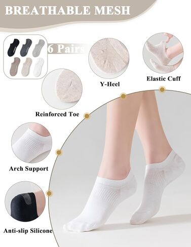 Women‘s No Show Socks,98% Cotton,Non Slip Silicone Grippers,Low Cut Arch Support Flat Boat Line Casual Athletic Socks 6 Pack Size 5-8 in Saudi Arabia