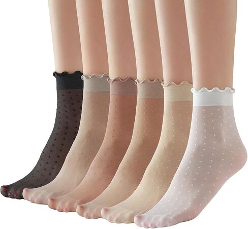 12 Pairs Women's Ruffle Frilly Sheer Dress Trouser Ankle Socks Thin Nylon Lace Loafer Polka Dot Socks for Women in Saudi Arabia