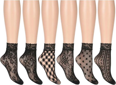6 Pairs Black Lace Socks for Women Ultra Thin Mesh Sheer Lace Dress Sock, Black Mesh Fishnet Crew Socks Transparent Fishnet Sock for Women Girls in Saudi Arabia