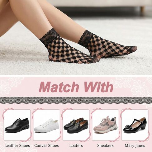6 Pairs Black Lace Socks for Women Ultra Thin Mesh Sheer Lace Dress Sock, Black Mesh Fishnet Crew Socks Transparent Fishnet Sock for Women Girls in Saudi Arabia