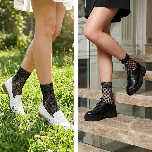 6 Pairs Black Lace Socks for Women Ultra Thin Mesh Sheer Lace Dress Sock, Black Mesh Fishnet Crew Socks Transparent Fishnet Sock for Women Girls in Saudi Arabia