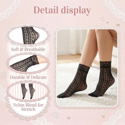 6 Pairs Black Lace Socks for Women Ultra Thin Mesh Sheer Lace Dress Sock, Black Mesh Fishnet Crew Socks Transparent Fishnet Sock for Women Girls in Saudi Arabia